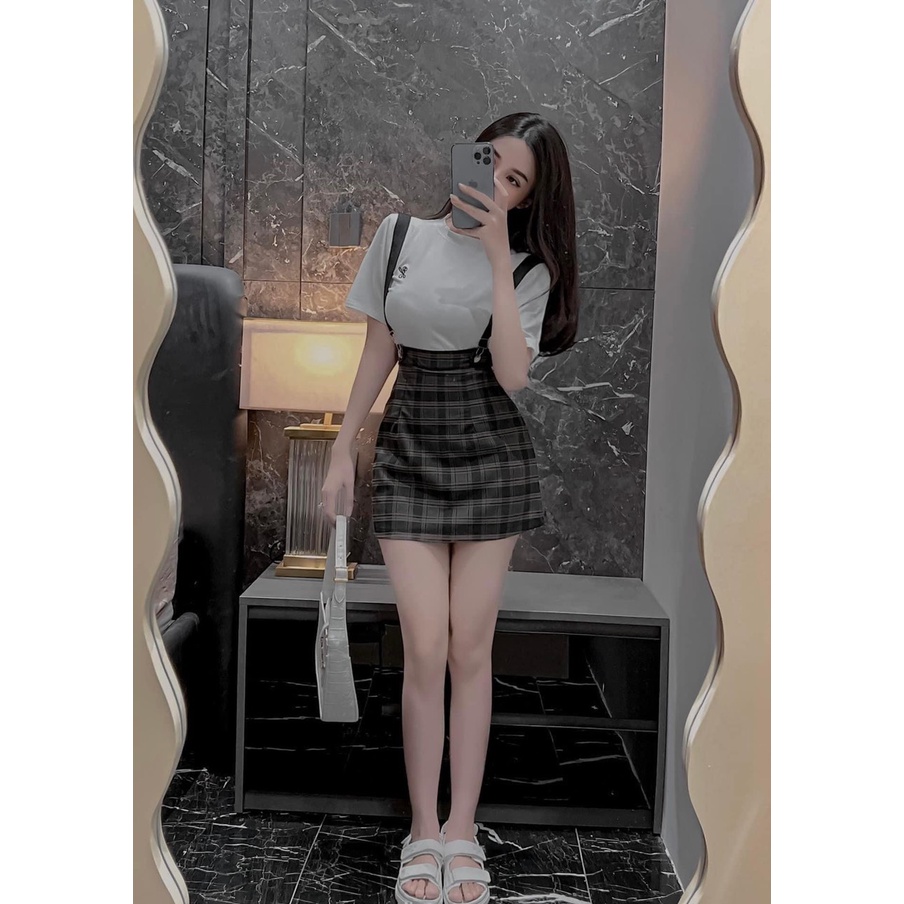 Váy Yếm kẻ caro mix Áo phông trắng P/cHàn Quốc phù hợp mặc đôi với bạn thân