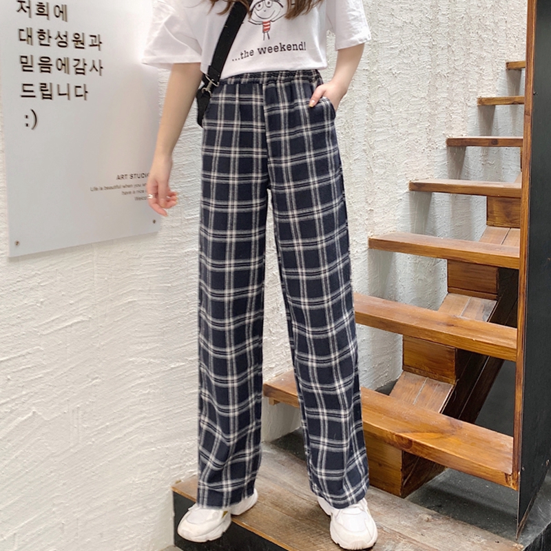 SUXI Quần Dài Ống Rộng Họa Tiết Ca Rô Thời Trang Dành Cho Nữ