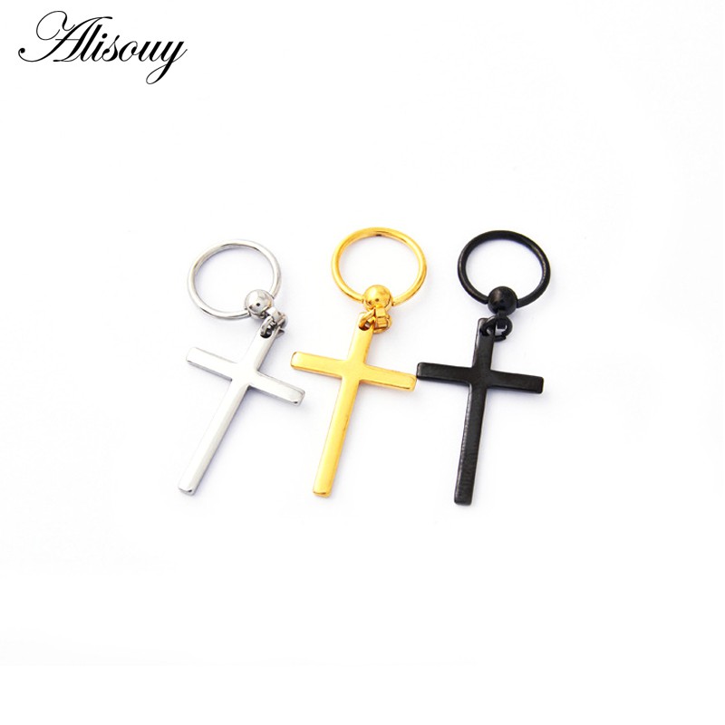 Alisouy Set 2 Khuyên Tai Tròn Hình Thánh Giá Bằng Thép Không Gỉ Phong Cách punk rock Dành Cho Nam