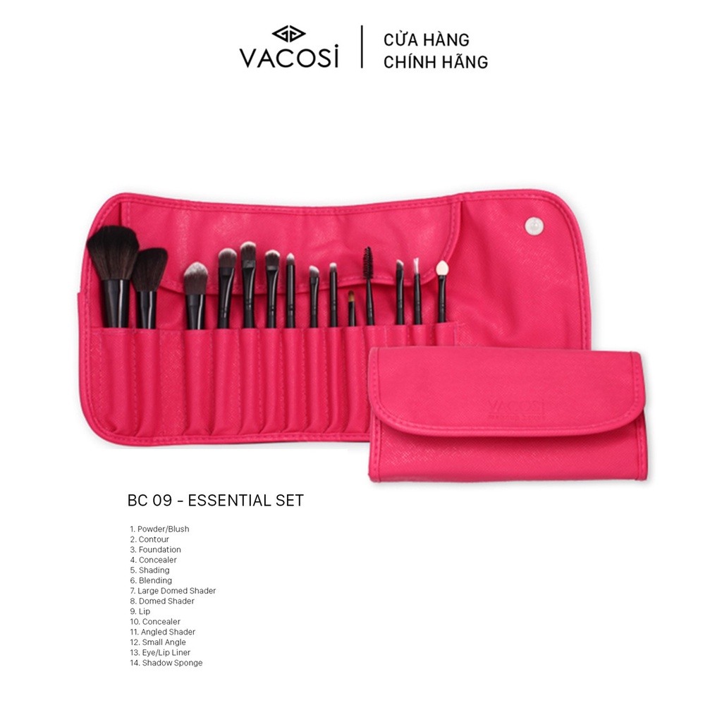 Bộ Cọ Cá Nhân 14 cây & Bóp da Hồng VACOSI ESSENTIAL BRUSH SET - BC09