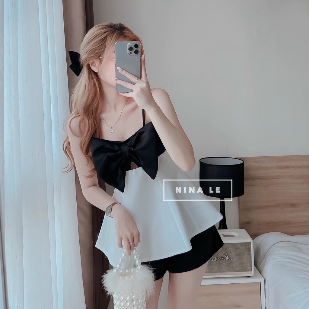 Set áo hai dây nơ phối màu kèm quần cực dễ thương cho nàng đi chơi dự tiệc