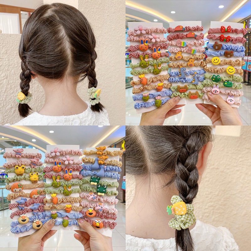 Set 10 Dây Cột Tóc Cao Su Co Giãn In Họa Tiết Trái Cây/ Hoa/ Trái Cây Dễ Thương Cho Bé Gái