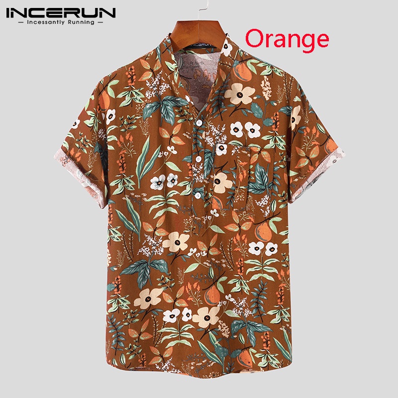 Áo sơ mi INCERUN vải cotton tay ngắn cài nút họa tiết in kiểu retro mùa hè cá tính dành cho nam