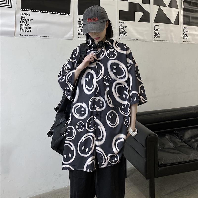 Áo Thun Tay Ngắn Dáng Rộng In Hình Mặt Cười Phong Cách Hip Hop Đường Phố Thời Trang Mùa Hè Cho Nam Và Nữ