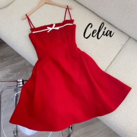 Đầm Xoè 2 Dây Xếp Ly Ngực Nơ Nhí