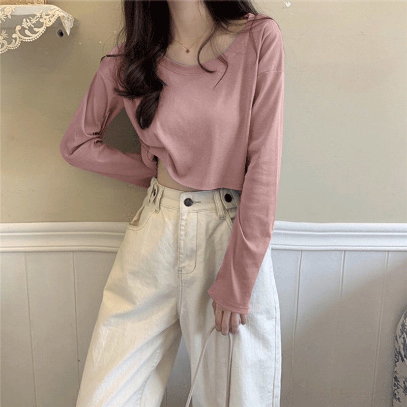Áo Thun Crop Top Tay Dài Màu Trơn Đơn Giản Phong Cách Hàn Quốc Thời Trang Cho Nữ