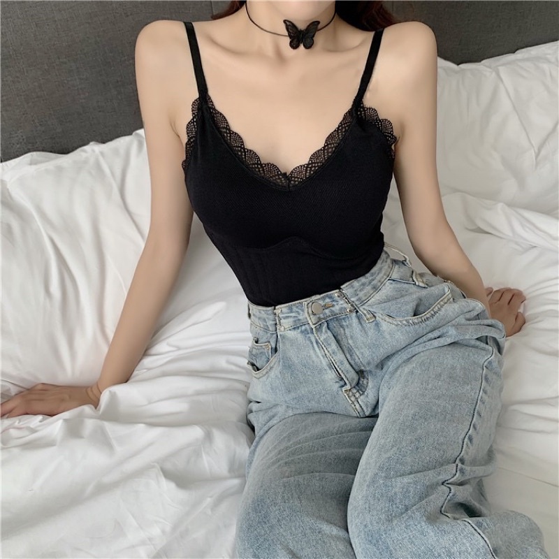 Áo Bra Thun Tăm 2 Dây Viền Ren Dáng Dài Sang Chảnh