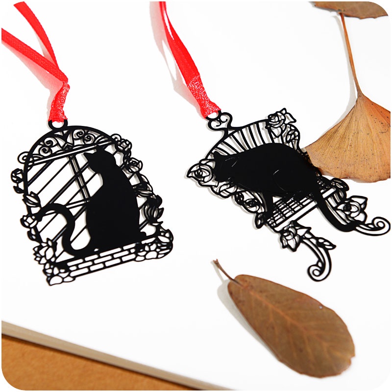 1 Thẻ Đánh Dấu Sách Hình Mèo Đen Bằng Kim Loại Có Dây Đeo Phong Cách Retro C6927