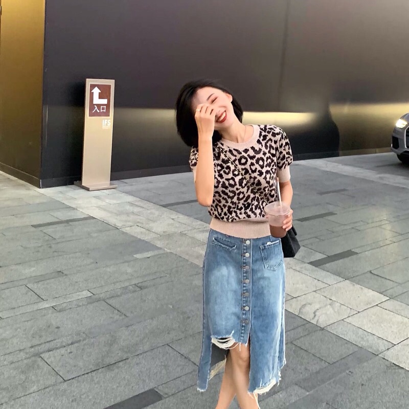 áo len dệt kim hoạ tiết da beo bo đai