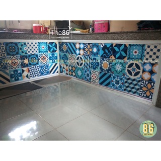 Decal gạch bông dán tủ bếp xanh dương