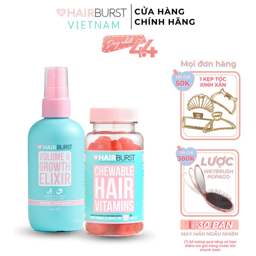 Combo Kẹo Dẻo + Xịt Dưỡng Làm Phồng, Kích Thích Mọc Tóc HAIRBURST 125ml + 60 Viên