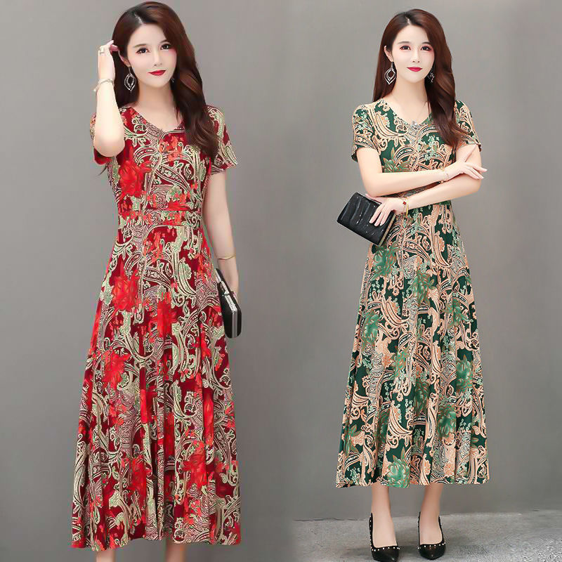 Đầm dáng rộng mỏng tay ngắn in họa tiết size lớn kiểu Tây khí chất sang trọng dành cho phụ nữ trung niên | BigBuy360 - bigbuy360.vn