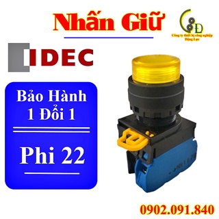Nút nhấn tự giữ có đèn led phi 22mm 220v IDEC, Công tắc bấm ấn giữ trạng thái đề tủ điện tròn lồi màu vàng YW1L-A2E10QM3