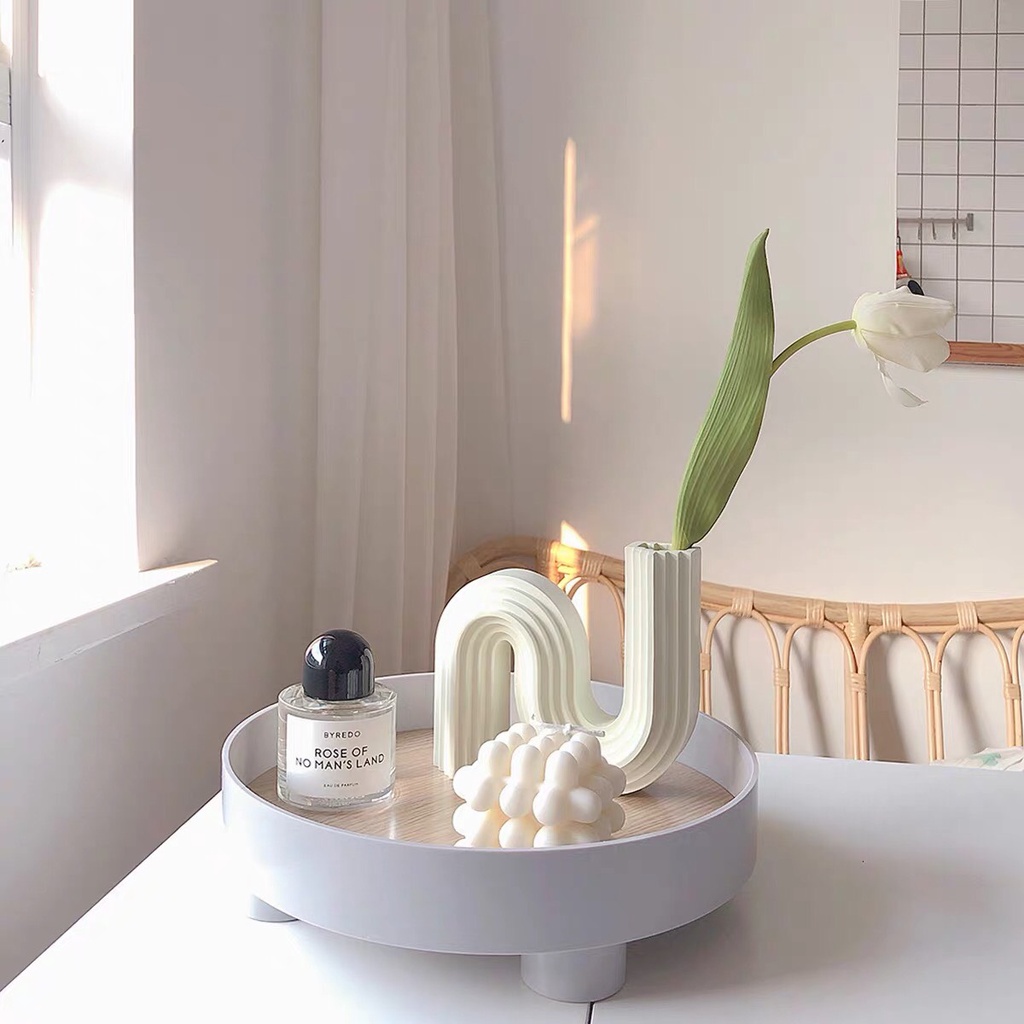Khay gỗ tròn trang trí đa năng Lynx home phong cách Bắc Âu sang trọng màu trắng