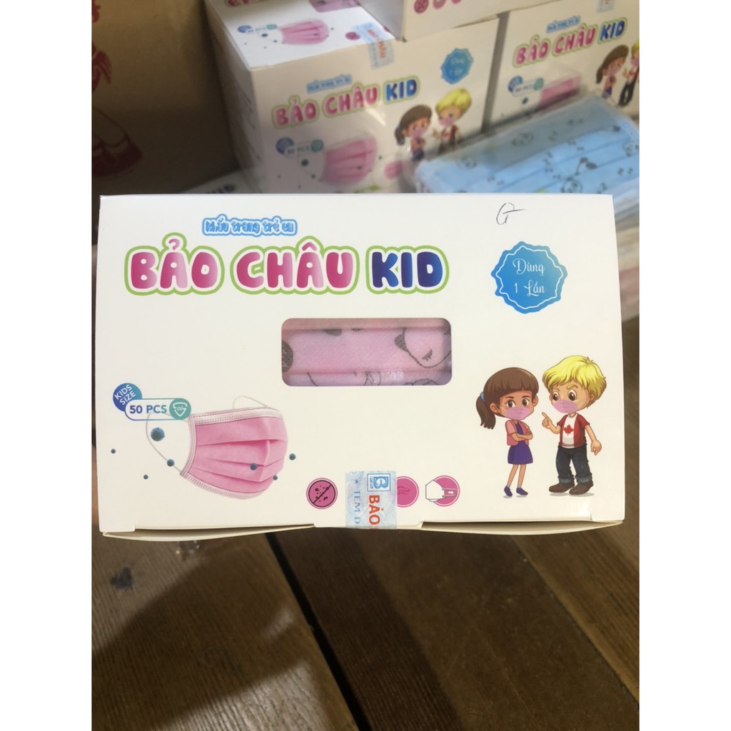 1 Hộp 50 chiếc khẩu trang y tế trẻ em 3 lớp hiệu Bảo Châu, đầy đủ giấy tờ kiểm định chất lượng
