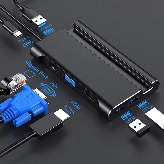 HUB Kiêm Dock Type-C Ra HDMI,VGA,LAN,3 Cổng USB 3.0 Hỗ Trợ Power Delivery