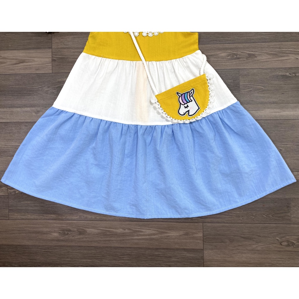 Đầm bé gái,váy trẻ em phối 3 màu vải Linen cao cấp kèm túi siêu xinh cho bé ,BITIKIDS size 0 đến 8 tuổi.
