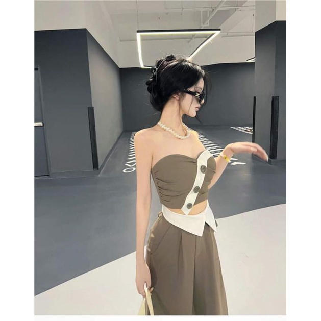 Set áo croptop cúp ngực kèm quần suông 2 màu Hoviorder