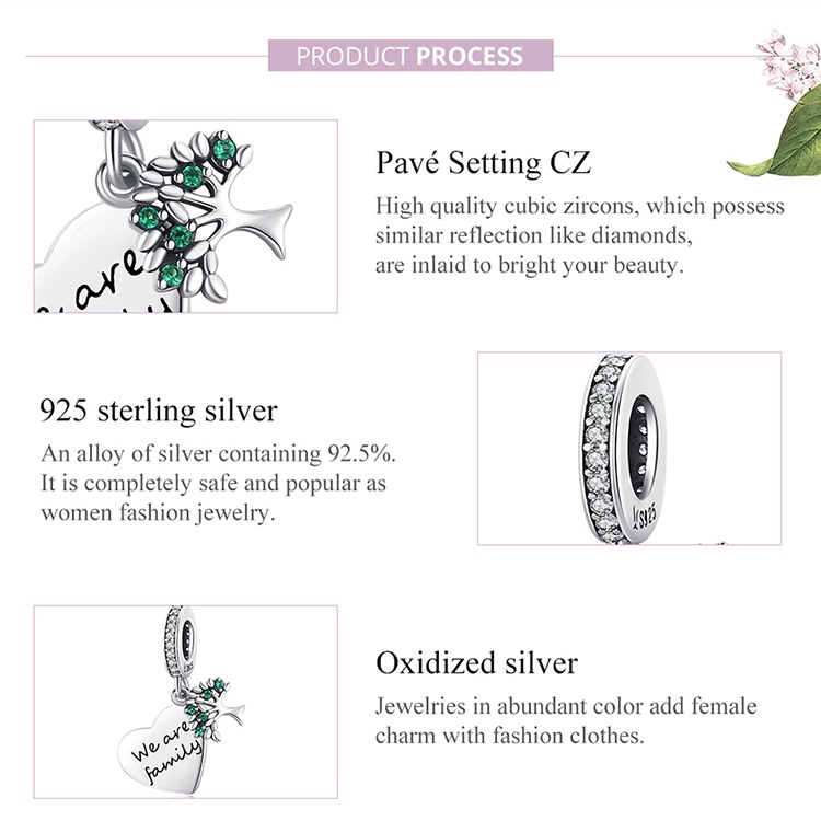 Hạt charm BAMOER SCC2104 kiểu cây sự sống và trái tim bằng bạc 925