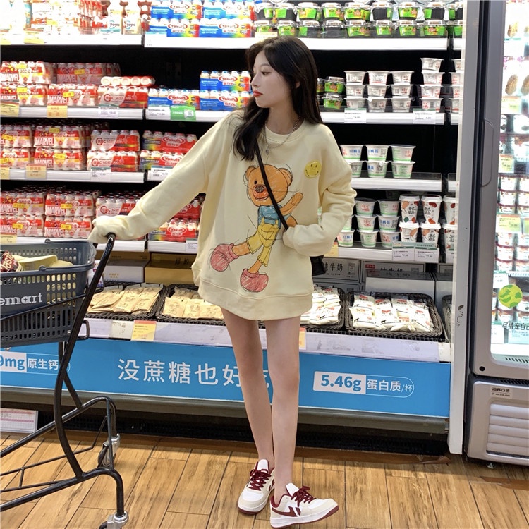 Xiaozhainv Áo nỉ tay dài dáng rộng in hình gấu phong cách Hàn Quốc thời trang xinh xắn cho nữ | BigBuy360 - bigbuy360.vn