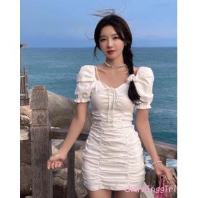 Đầm Ngắn Tay Phồng Màu Trơn Phối Dây Rút Thời Trang Mùa Hè Quyến Rũ Cho Nữ