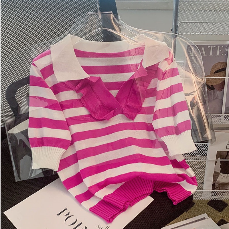 Áo polo Dệt Kim Cổ Bẻ Họa Tiết Kẻ Sọc Thời Trang Mùa Hè Phong Cách Hàn Quốc Mới Cho Nữ