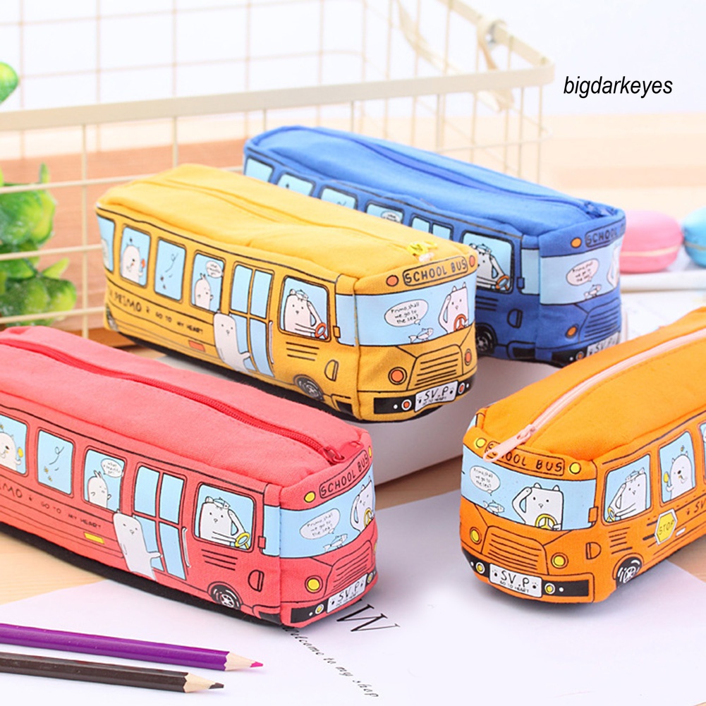 Túi Đựng Bút Bằng Vải Canvas Hình Xe Buýt Hoạt Hình Sáng Tạo