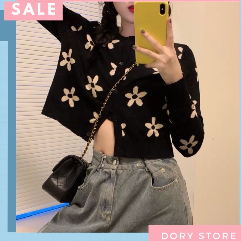 Áo cardigan nữ croptop hoạ tiết hình hoa phong cách dễ thương hàn quốc