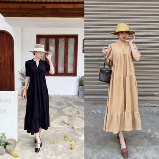 Váy suông nữ cổ V vải chun xốp co giãn 4 chiều, Đầm maxi tay lỡ nhiều tầng bầu bí mặc thoải mái