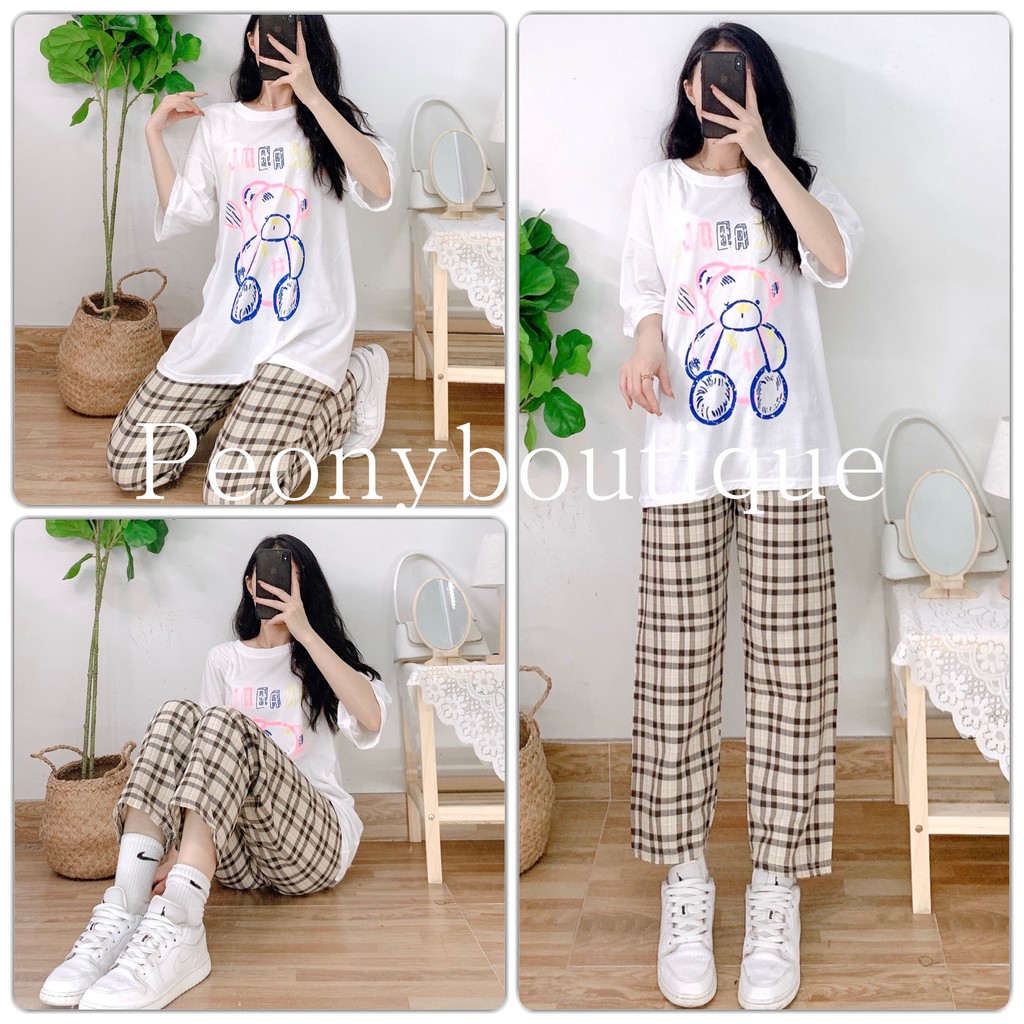 Set Culottes Gấu AIRB PEONYB Nữ [FREESHIP] 🌸 Bộ đồ quần suông ống rộng kẻ sọc kèm áo thun in hình teddy Ulzzang HOT 🌸