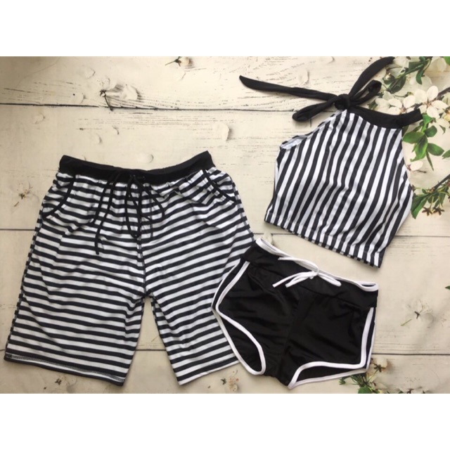 Set bikini cặp yếm sọc trắng đen