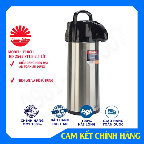 Phích bơm nước inox cao cấp RD 2545 ST1.E 2.5 lítchính hãng Rạng Đông dạng cần bơm, bảo hành 1 năm