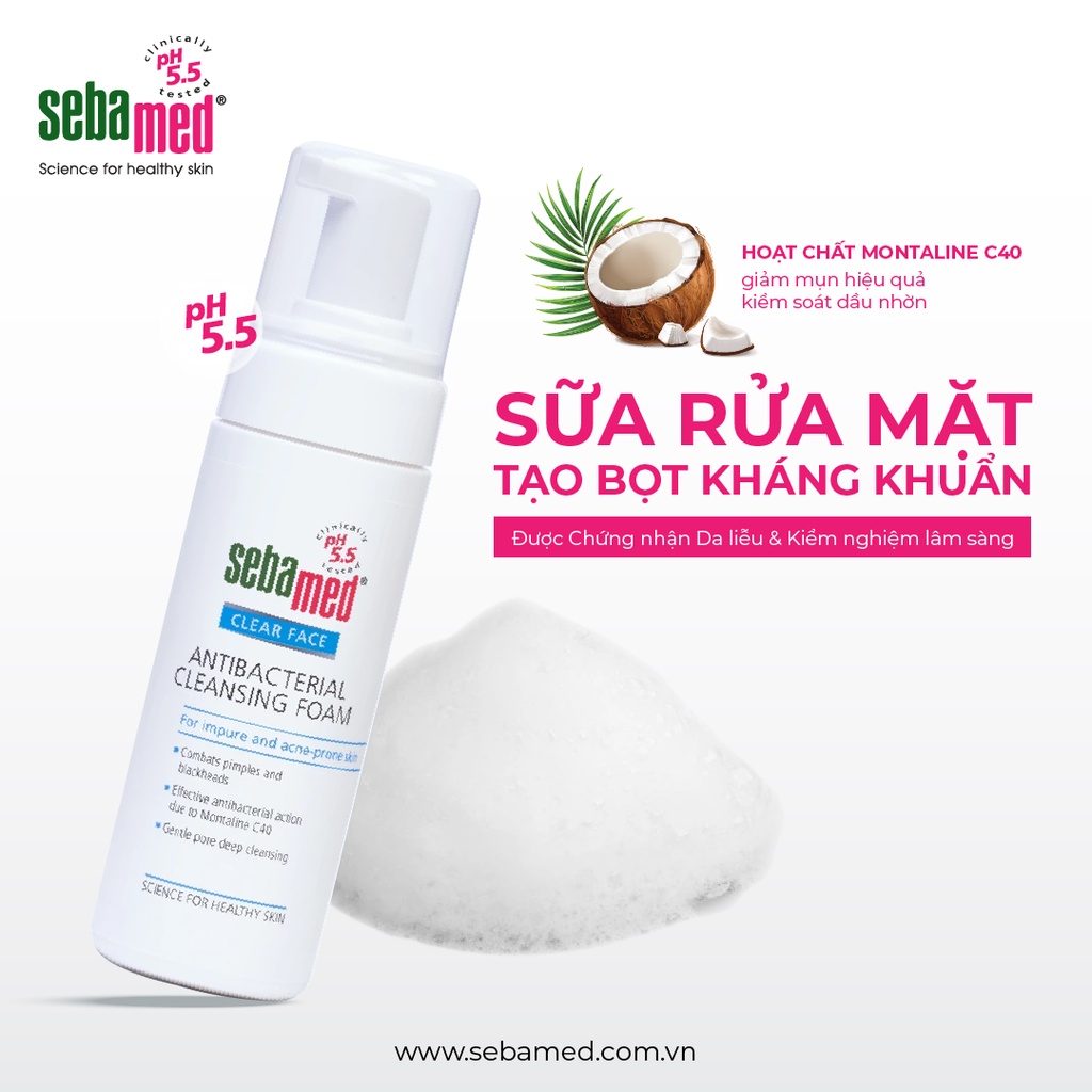 Sữa rửa mặt tạo bọt kháng khuẩn giảm mụn Sebamed Antibacterial Cleansing Foam pH5.5 (150ml)