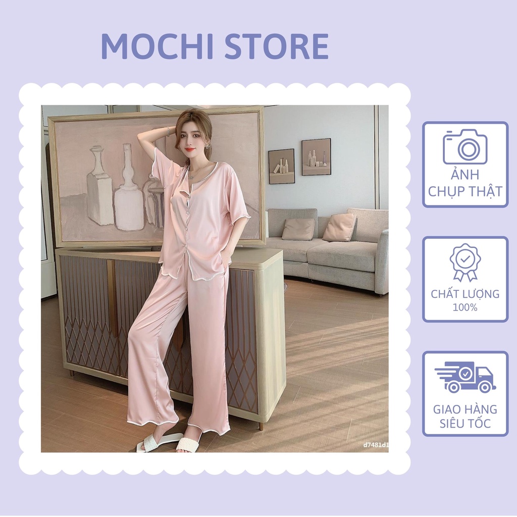 Đồ Pijama, Đồ Bộ Nữ, Bộ Áo Nữ Tay Ngắn Phối Màu Quần Dài Lượn Sóng Chất Lụa Satin Màu Trơn Thời Trang Mặc Nhà Trẻ Trung
