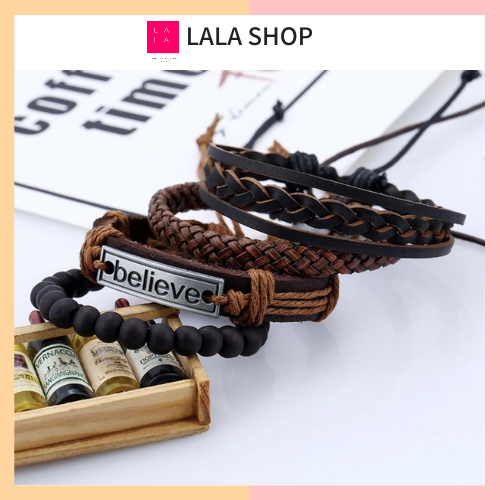 Set 4 Vòng Tay Đính Hạt Gỗ Phong Cách Vintage cho nam và nữ