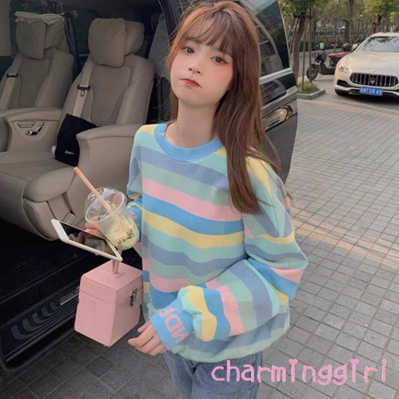 Áo thun tay dài cổ tròn phối họa tiết kẻ sọc ngang thời trang dành cho nữ Đẹp