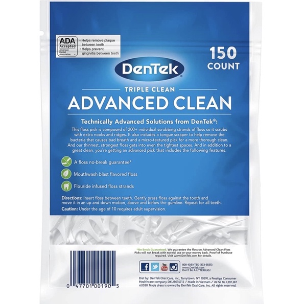 Tăm chỉ nha khoa Dentek Triple Clean Advanced Clean Floss Picks 150cây/gói USA