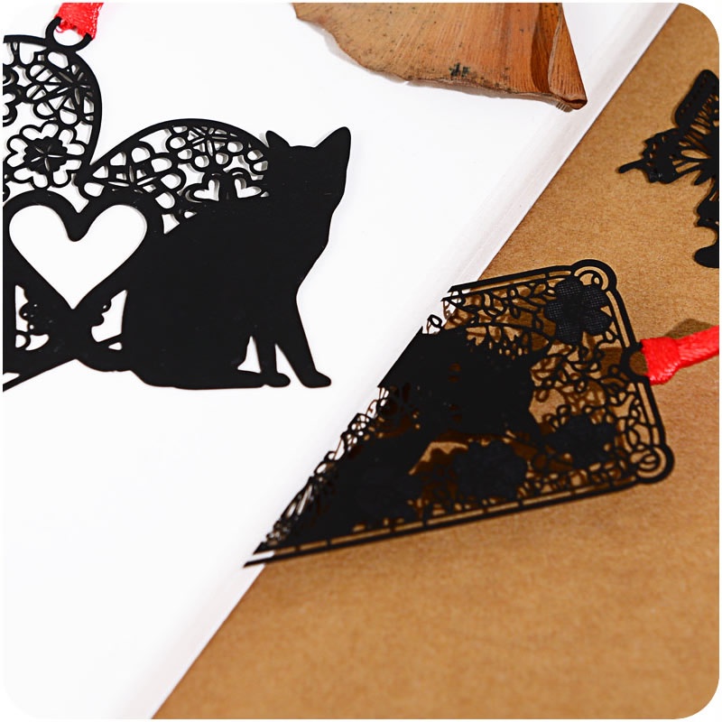 1 Thẻ Đánh Dấu Sách Hình Mèo Đen Bằng Kim Loại Có Dây Đeo Phong Cách Retro C6927