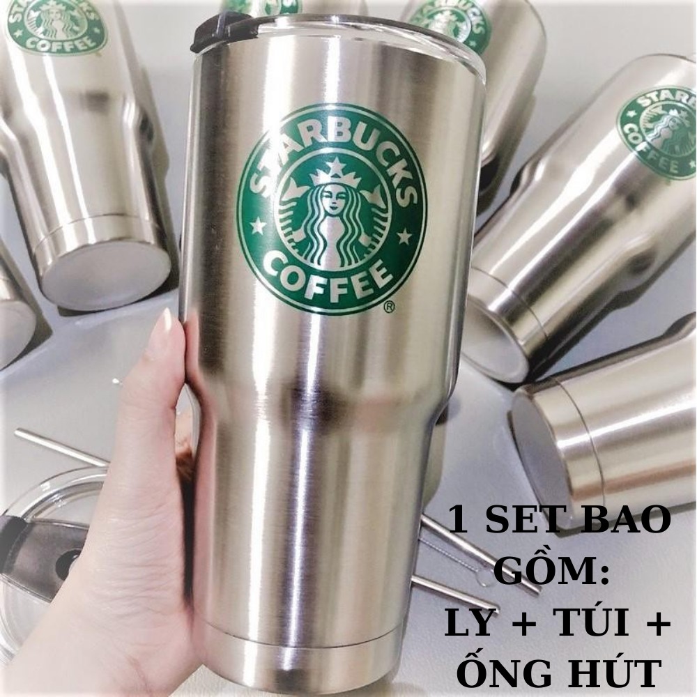 Cốc Giữ Nhiệt STARBUCKS 900ML Nắp Chống Tràn, Ly giữ nhiệt LOGO Starbucks cao cấp TẶNG KÈM TÚI,  VÀ SET ỐNG HÚT INOX