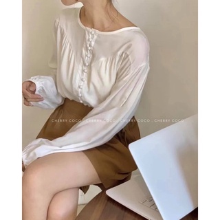 Áo sơ mi voan lụa cúc bọc 90203 CHERRYCOCO