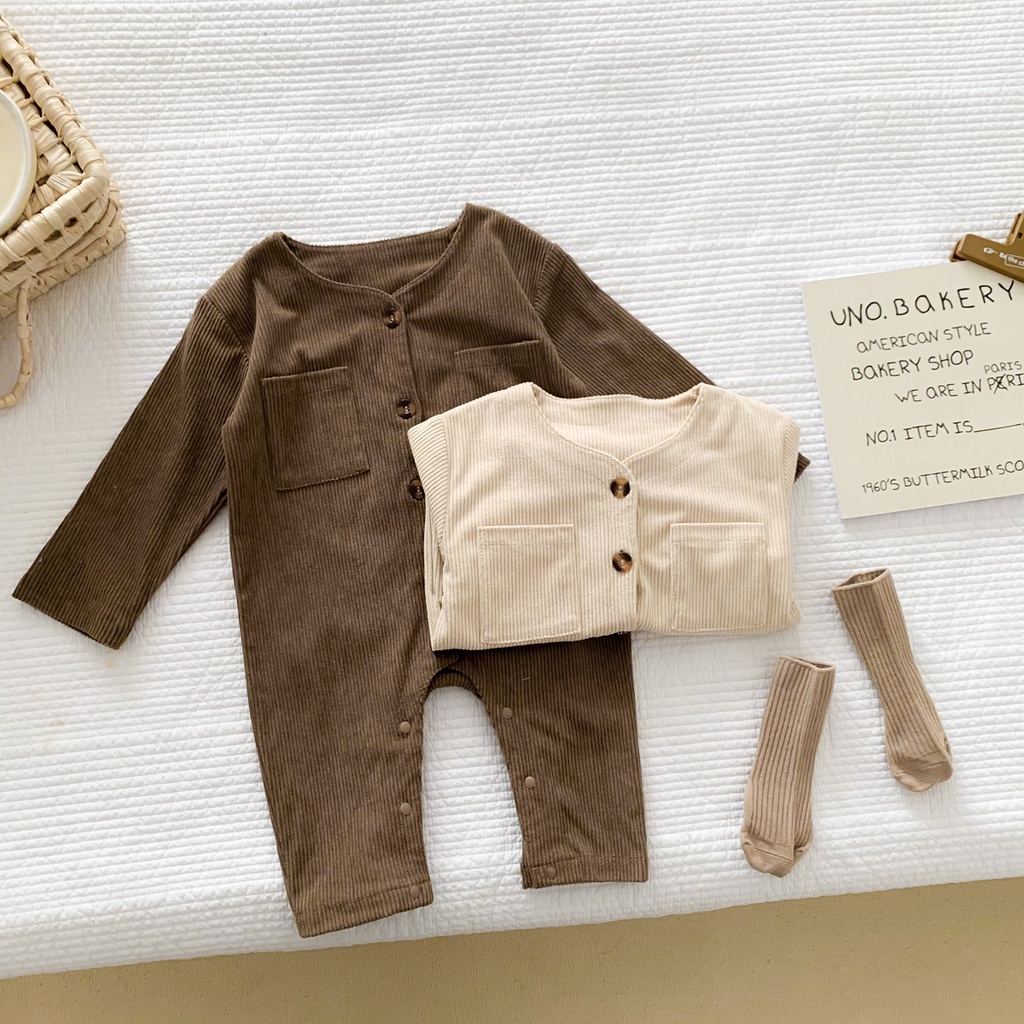 Bộ Áo Liền Quần Tay Dài Cài Nút Màu Trơn Thời Trang Thu Đông Cho Bé Trai/Gái