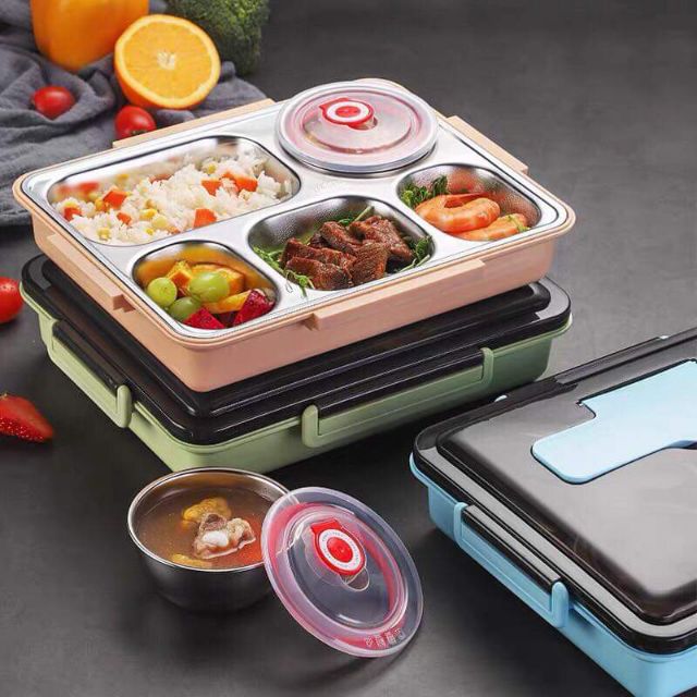 Hộp Cơm Văn Phòng Khay Inox 5 Ngăn Có Bát Để Canh Bọc Nhựa Bên Ngoài - Có Giá Điện Thoại Tặng Thìa Đũa Inox Cao Cấp | BigBuy360 - bigbuy360.vn