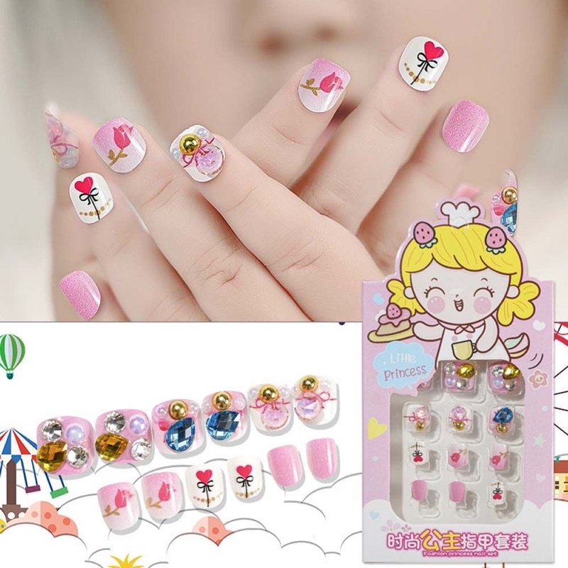 Móng tay giả Dính  đá in hình công chúa hoạt hình dễ thương có thể tháo rời dành cho trẻ em