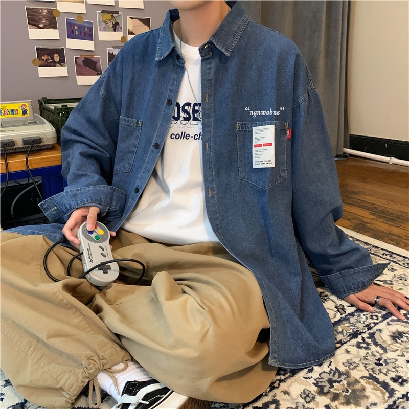 Áo sơ mi khoác ngoài vải denim tay dài thời trang đường phố mùa xuân hè thường ngày dành cho nam