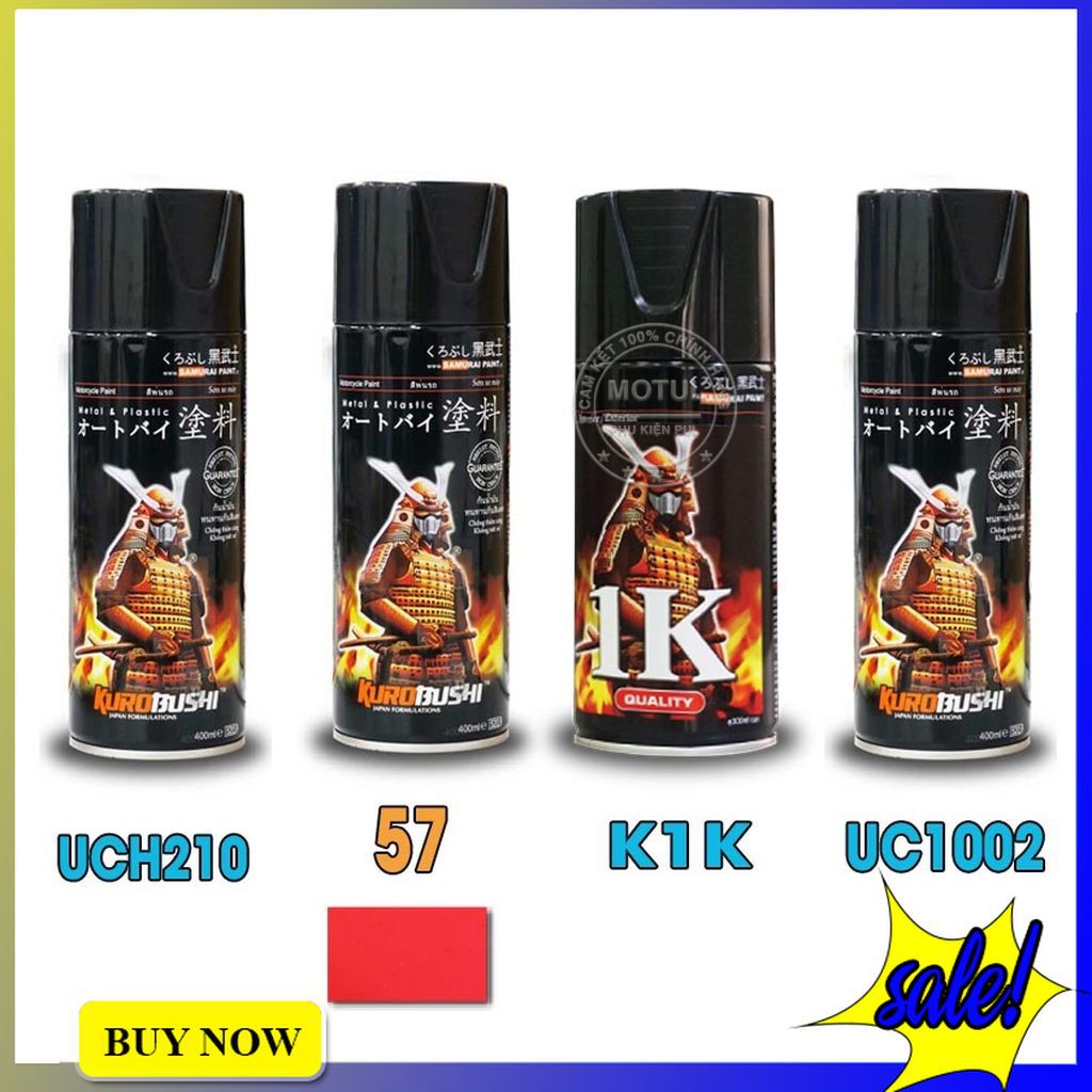 Combo 4 sơn xịt Samurai màu đỏ huỳnh quang (gồm 57 - UCH210 - uc1002 - K1K - Giấy nhám P800)