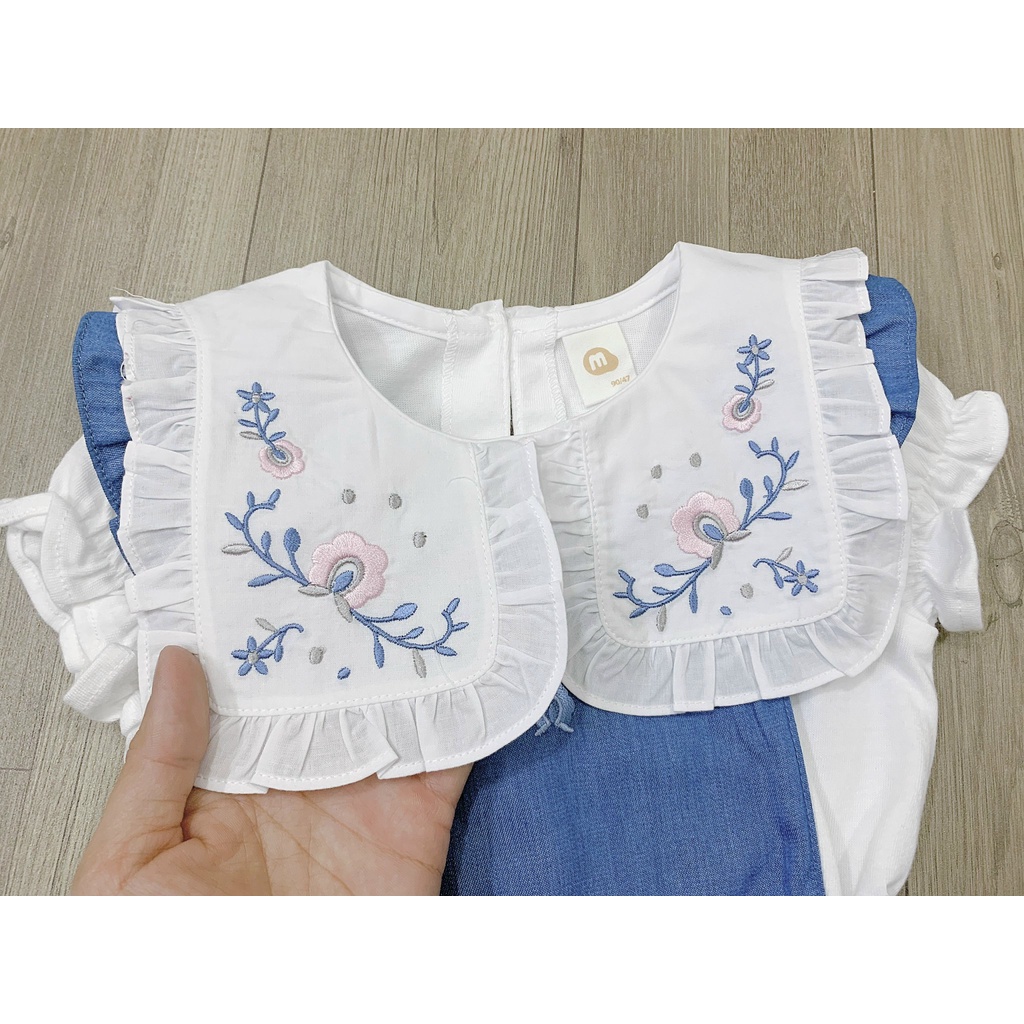 Sét bộ bé gái xuất Hàn Milk Mile yếm jean giấy kèm áo trắng cổ hoa (BO470)