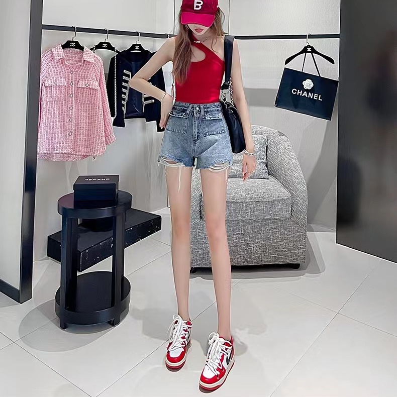 Quần Short Denim Ống Rộng Lưng Cao Màu Trơn Thời Trang Mùa Hè Hàn Quốc Cho Nữ
