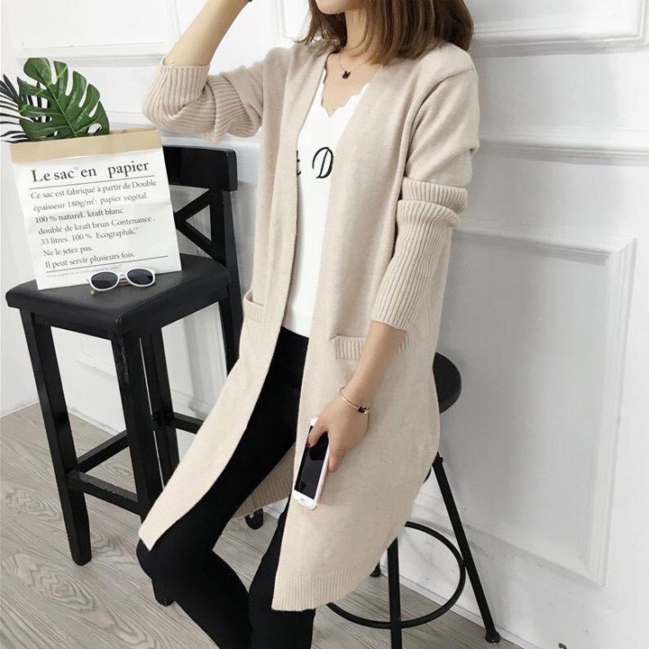 Áo khoác len cardigan dáng dài có túi len mịn phong cách HQ -4basic