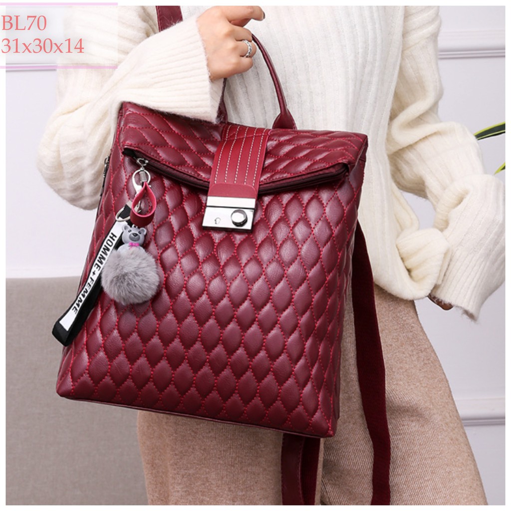 BL70- Balo Nữ Da Mềm Hàng Chuẩn Cao Cấp Trần Chéo Nắp Gập Tặng Kèm Móc Xinh