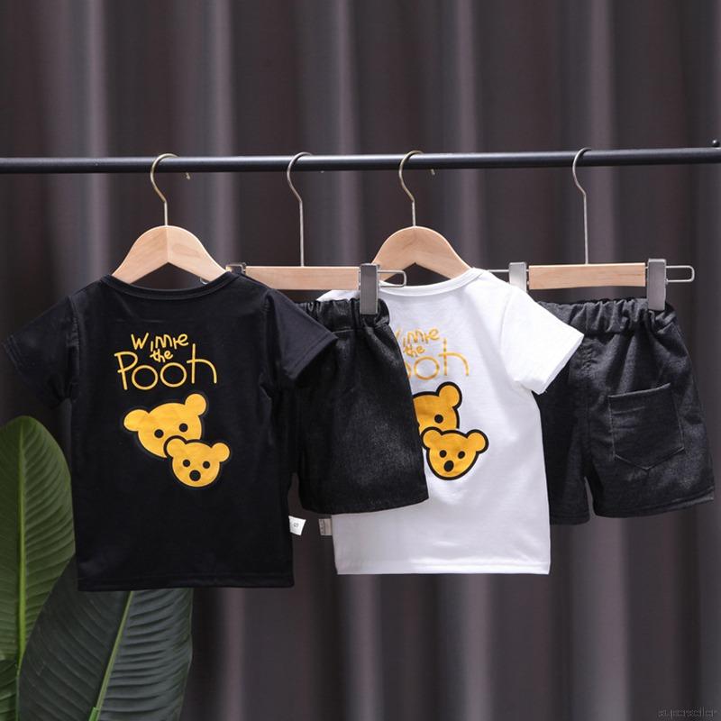 Set áo thun tay ngắn họa tiết gấu + quần short kiểu dáng dễ thương cho trẻ em 1-7 tuổi